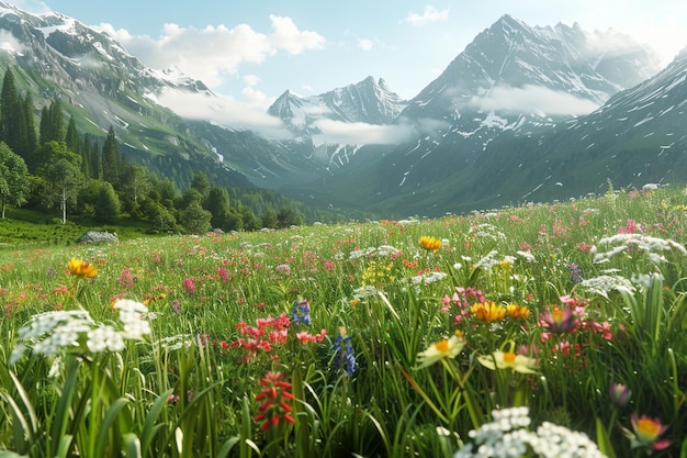 Een serene alpine weide bedekt met voorjaarsbloemen