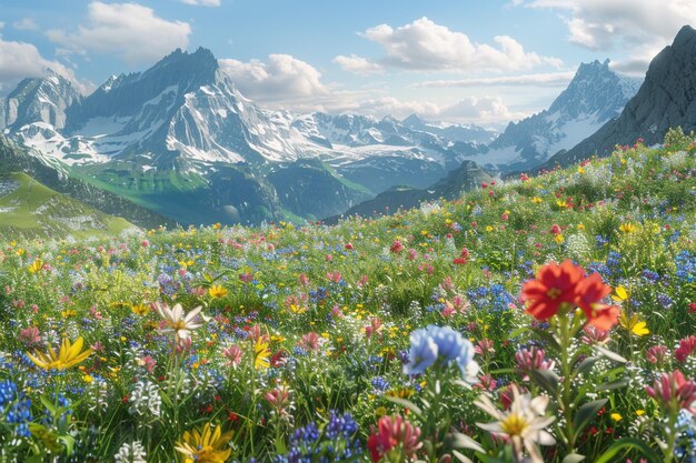 Een serene alpine weide bedekt met voorjaarsbloemen