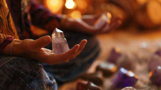 Een serene close-up van de handen van een vrouw die een groot ruw amethystkristal vasthoudt tijdens een genezingssessie