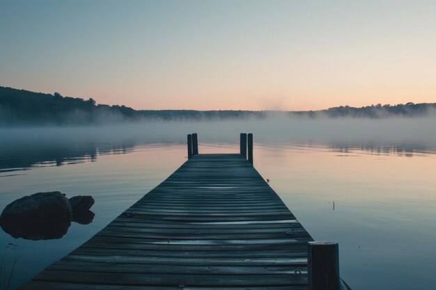Foto een serene dok aan het meer bij zonsopgang verlicht door de zachte kleuren van de zonsopgang gegenereerd door ai