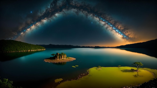 Een serene eilandoase verlicht door het maanlicht op een stil meer 's nachts
