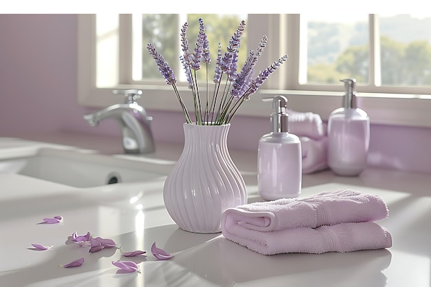 een serene en elegante spa-omgeving met een focus op schakeringen van zacht paars en schoon wit