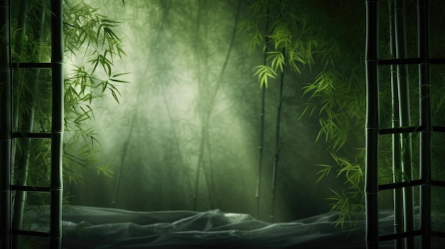 Een serene en mystieke bamboe zachte lichte achtergrond in een diepe groene schaduw het raam werpt