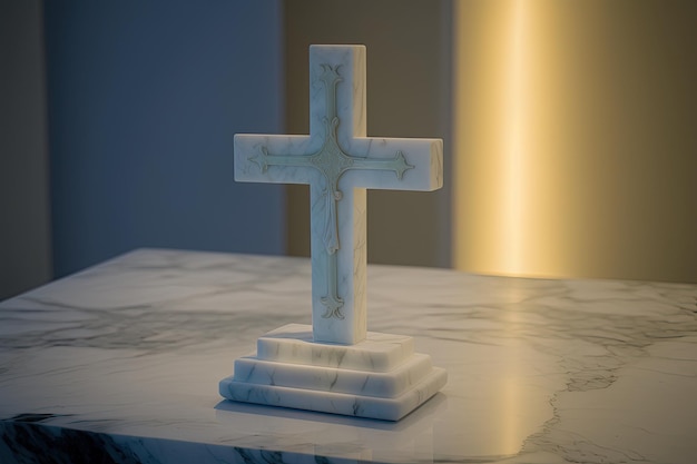 Een serene en pure weergave van een wit marmeren kruis in een moderne kapel verlicht zacht generatieve AI