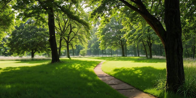 Een serene en uitnodigende scène met weelderig groen gras en levendige bossen in een park