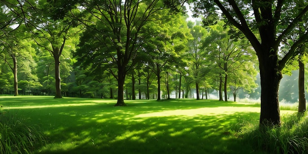 Een serene en uitnodigende scène met weelderig groen gras en levendige bossen in een park