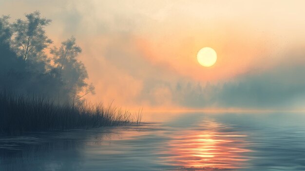Foto een serene en vreedzame scène van een meer met een ondergaande zon op de achtergrond