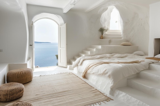 Foto een serene grot slaapkamer met een comfortabel bed natuurlijke texturen en een adembenemende