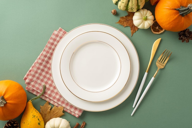 Een serene herfst scène van een Thanksgiving familie diner wordt afgebeeld van boven vergulde borden vintage bestek en herfst thema ornamenten rusten op groene geïsoleerde achtergrond perfect voor tekst of advertenties