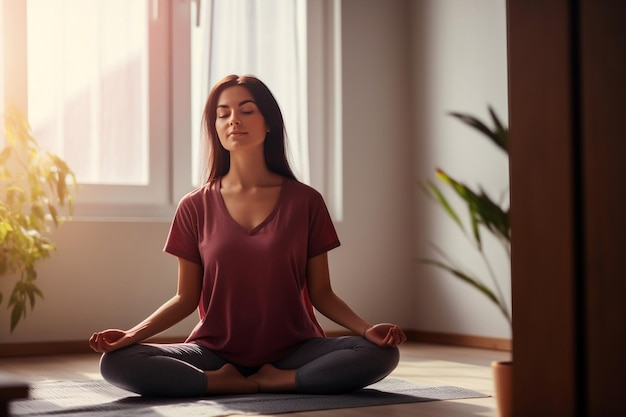 Een serene jonge vrouw die thuis mediteert om welzijn en mindfulness te bevorderen Generative Ai