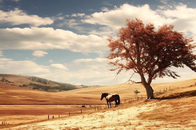Een serene landelijke scène met graaiende paarden
