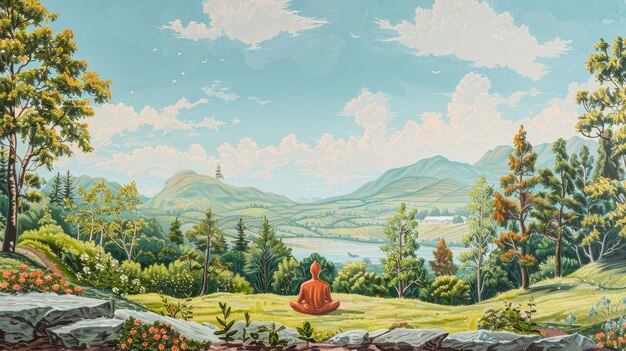 Een serene landschap met een zittende figuur die mindfulness beoefent en de innerlijke kalmte omarmt.