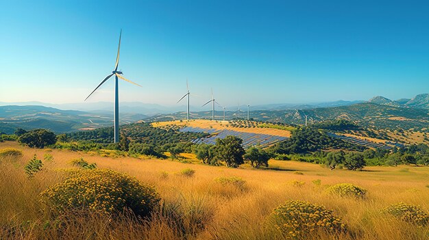 Een serene landschap waar geavanceerde schone energietechnologieën naast de natuur bestaan windturbines en zonnepanelen onder een heldere blauwe hemel