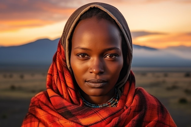 Een serene Masai-vrouw in traditionele kleding in de schemering