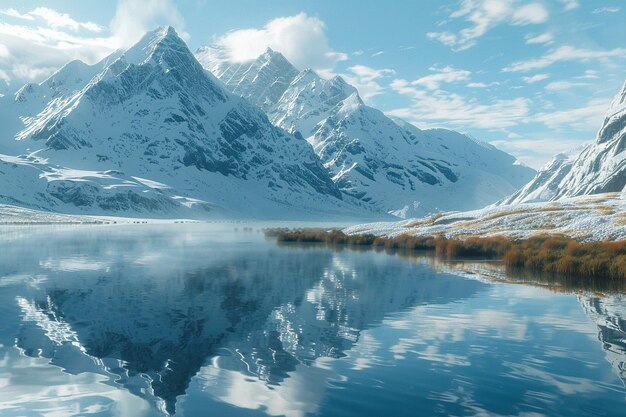 Een serene meer die besneeuwde bergen weerspiegelt