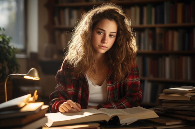 Foto een serene meisje met een bril, verdiept in een boek in de bibliotheek, een rustige toevluchtsoord, diep in gedachten, verkent ze de nuances van de literatuur.