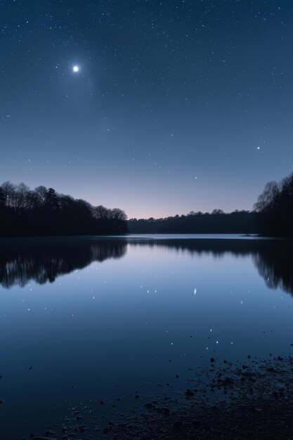 Foto een serene minimalistische maanverlichte nachtelijke hemel over een rustig reflecterend meer