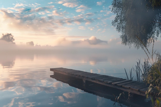 Foto een serene ochtend met uitzicht op een mistig meer octane r