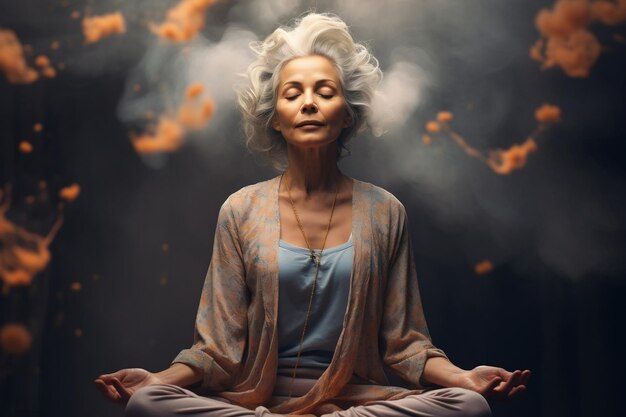 Een serene oudere vrouw met gesloten ogen tijdens yoga meditatie Generative Ai