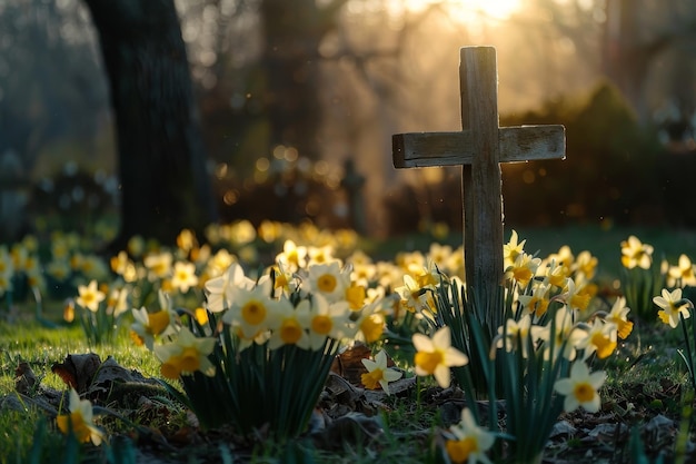 Een serene paasmorgen gouden narcissen bloeien helder rond een houten kruis symboliserend