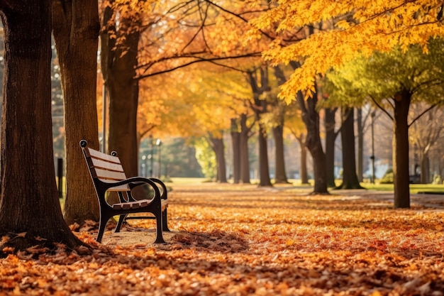 Een serene park scène waar kleurrijke herfst bladeren gecreëerd met generatieve AI technologie