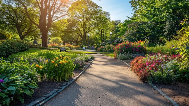 Een serene parkscene met levendige bloembedden en weelderige bomen onder een heldere hemel