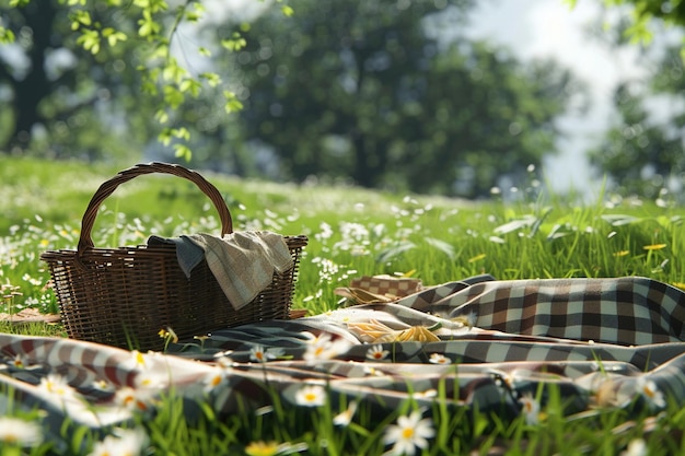 Een serene picknick op het platteland met een wicker mandje.