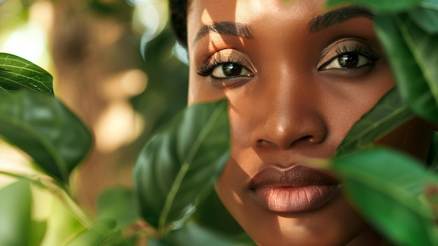 Een serene portret van een vrouw tussen het dichte groen haar blik zo raadselachtig als het gebladerte dat haar omringt