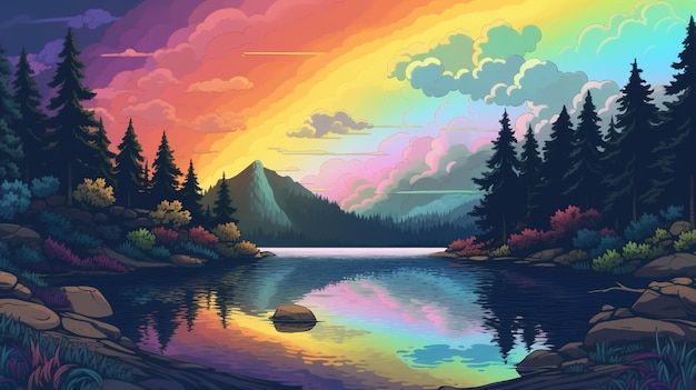 Een serene regenboog boven een meer Fantasy concept Illustratie schilderij