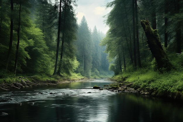 Een serene rivier die door een dicht bos slingert