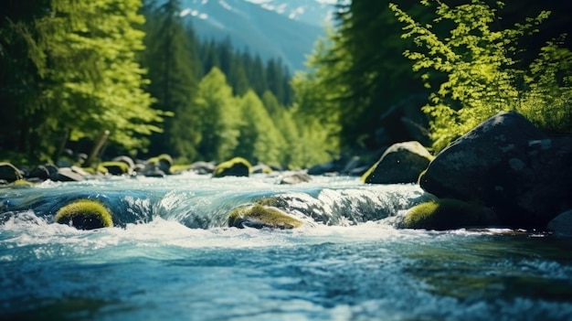 Foto een serene rivier die door een levendig bos stroomt, geschikt voor projecten met een natuurthema.