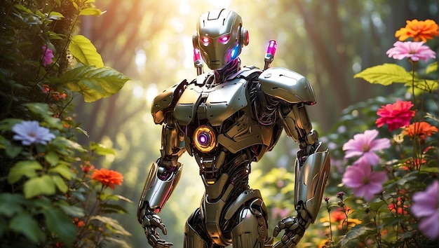 Een serene robot staat in de natuur