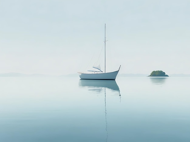 een serene scène aan het water met een minimalistisch ontwerp met kalm water en een eenvoudige boot