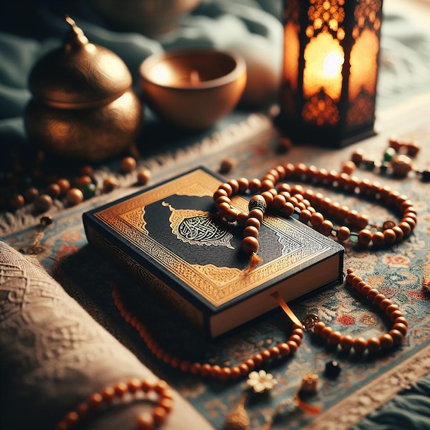 Een serene setting van gebedskralen Tasbih en een gesloten Koran