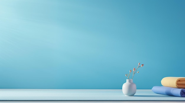 Een serene spa-concept met een minimalistische touch met een witte vaas met takjes op een blauwe