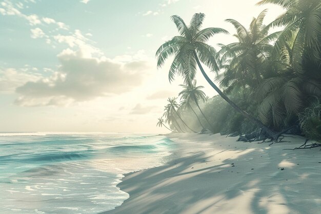 Een serene strand scène met palmbomen zwaaien in de