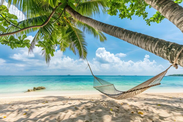 Een serene tropische strand scène met een hangmat op een palmboom en een heldere blauwe oceaan Concept Serene Beach Escape Tropical Paradise Hammock Haven Azure Waters Palm Tree Serenity