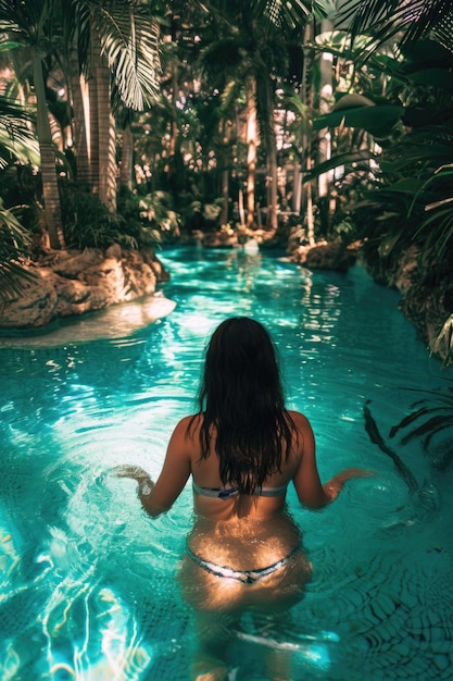 Een serene tropische vakantie met een vrouw die ontspant in een zwembad omringd door palmen