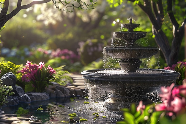 Een serene tuin met een druppelende fontein en bloe