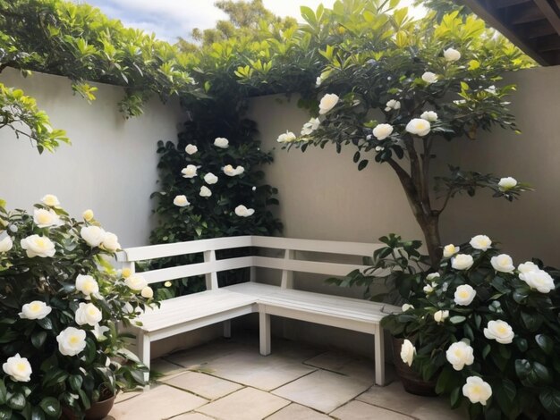 Een serene tuinhoek met witte camellias die een natuurlijk kader vormen