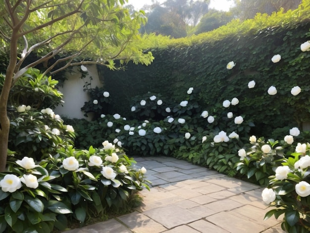 Een serene tuinhoek met witte camellias die een natuurlijk kader vormen