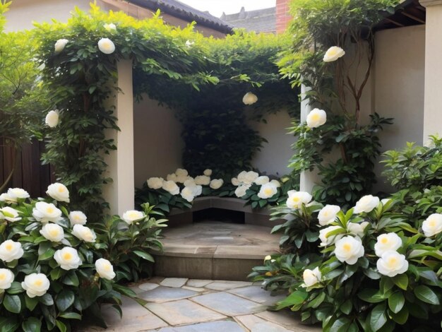 Een serene tuinhoek met witte camellias die een natuurlijk kader vormen