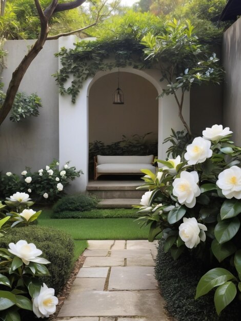 Een serene tuinhoek met witte camellias die een natuurlijk kader vormen