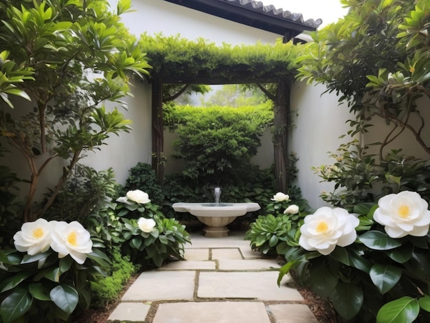 Een serene tuinhoek met witte camellias die een natuurlijk kader vormen