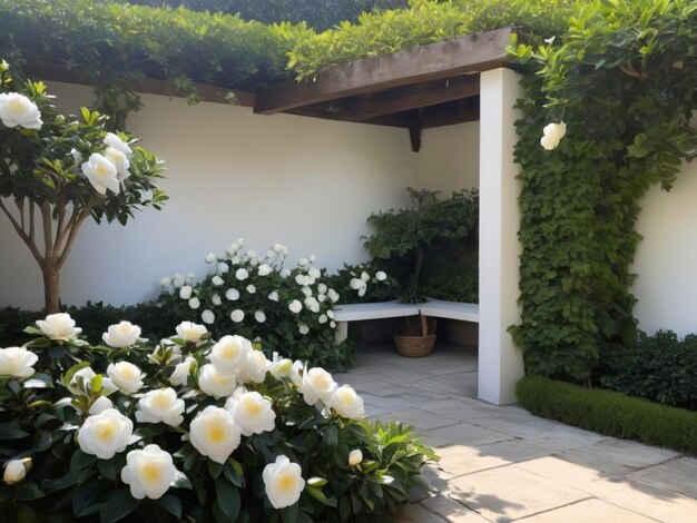 Een serene tuinhoek met witte camellias die een natuurlijk kader vormen