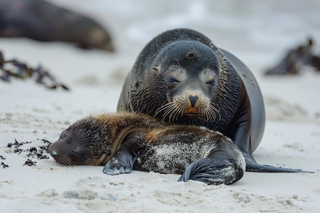 Een serene uitzicht op een moeder bont zeehond en haar adorabele generatieve ai