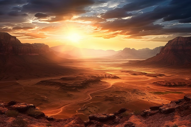 Een serene vallei ontvouwt zich midden in de woestijn, omarmd door majestueuze bergen en koesterend in de warme gloed van de zon Generative AI