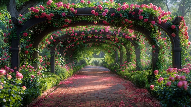 Een serene weg omringd door roze bloemen