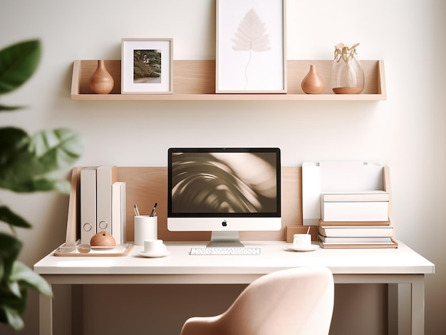 Een serene witte home office met elegante meubels AI Generation