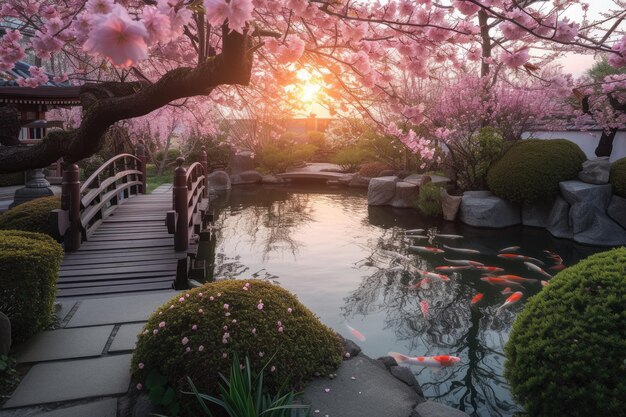 Foto een serene zen tuin bij zonsopgang met een zacht stromende beek schitterend